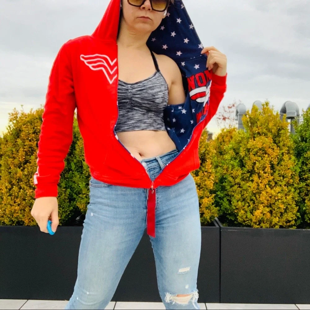 Vintage 2in1 Wonder Woman Red White Blue Star Stripe Double Side Turning Hoodie - Picture 6 of 16